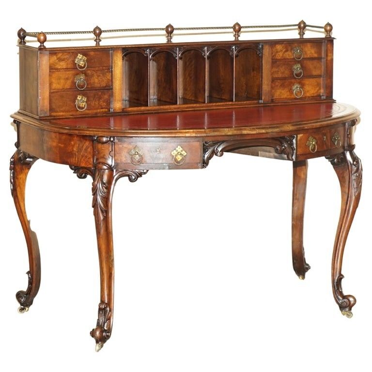 Antique Circa 1850 Patrick Beakey Dublin Oxblood Leather Demi Lune Gallery Desk