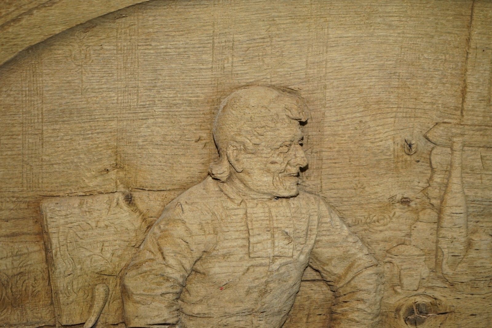 Very Large Antique 18th Century Stripped Oak Hand Carved Panel Of Drunk Freinds photo Art