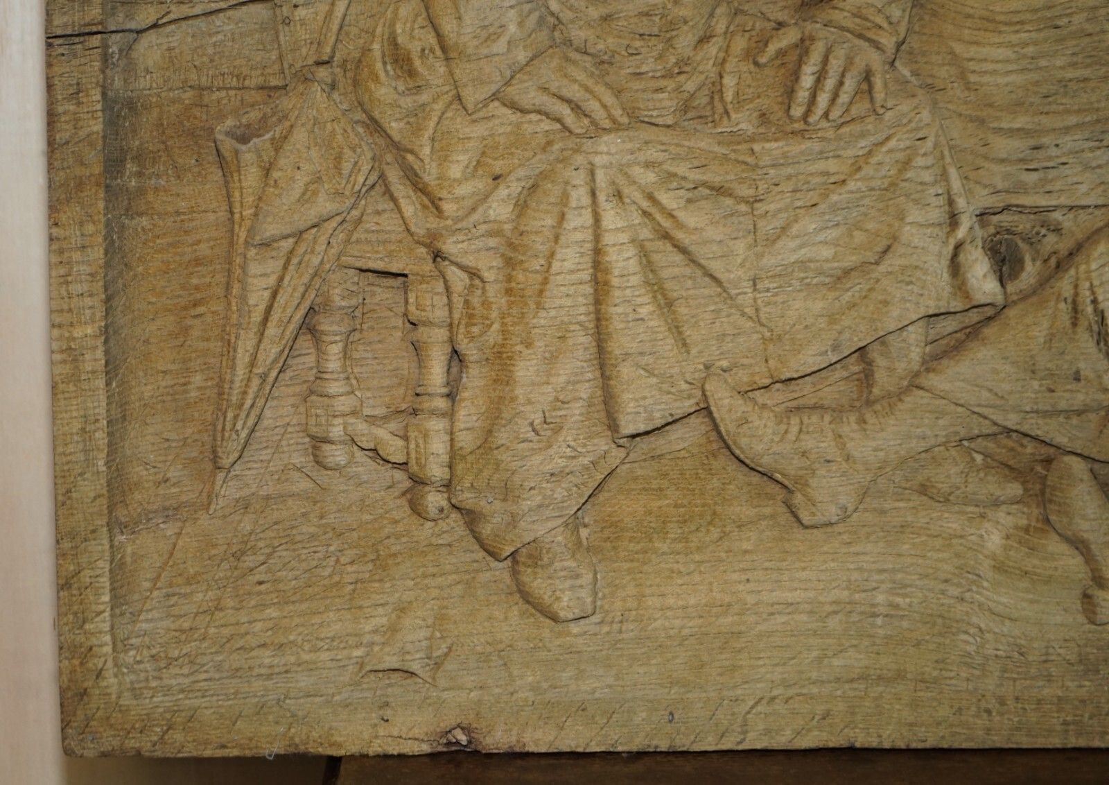 Very Large Antique 18th Century Stripped Oak Hand Carved Panel Of Drunk Freinds photo vinterior
