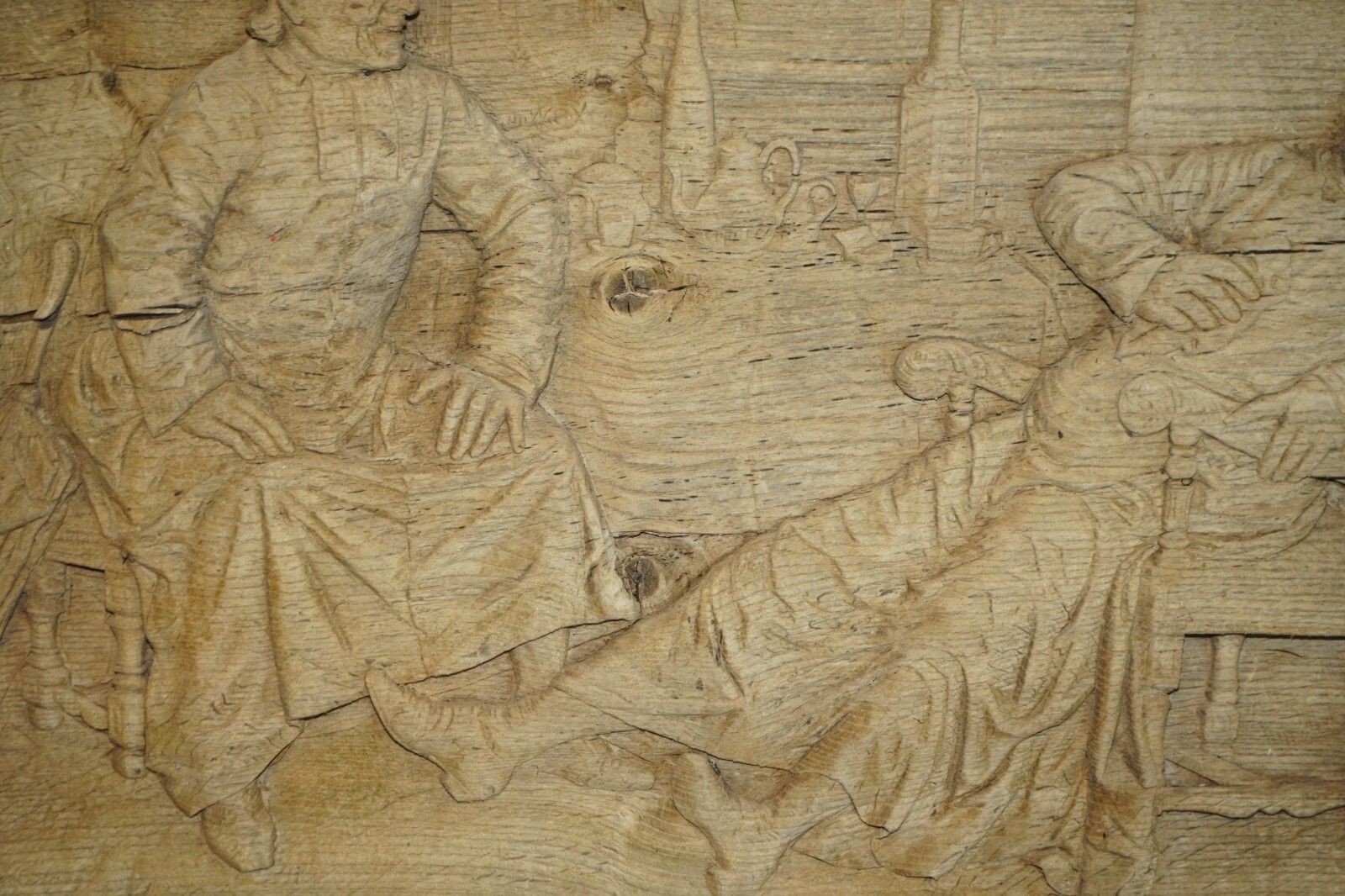 photo furniture Very Large Antique 18th Century Stripped Oak Hand Carved Panel Of Drunk Freinds