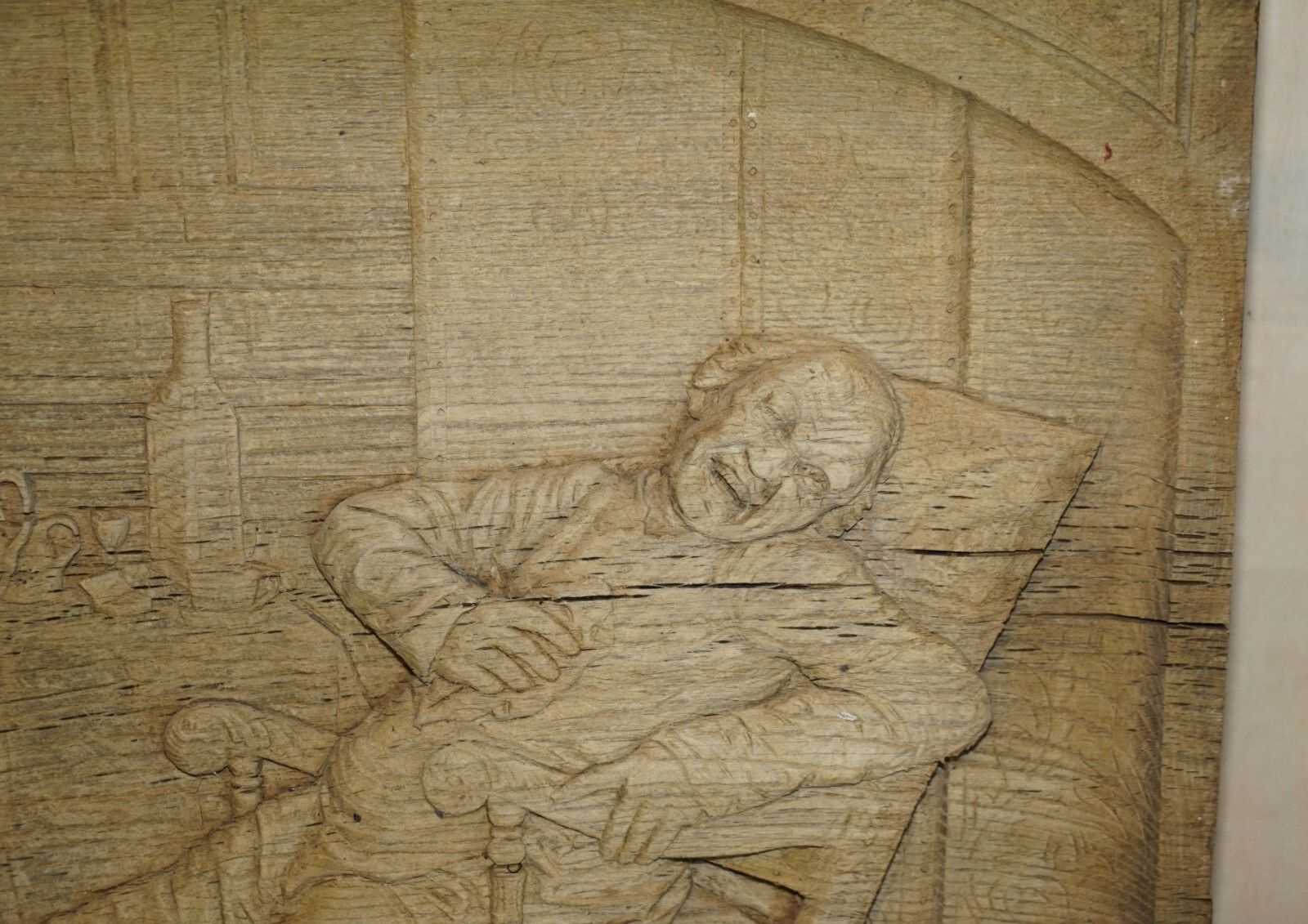 4750.0 Very Large Antique 18th Century Stripped Oak Hand Carved Panel Of Drunk Freinds photo