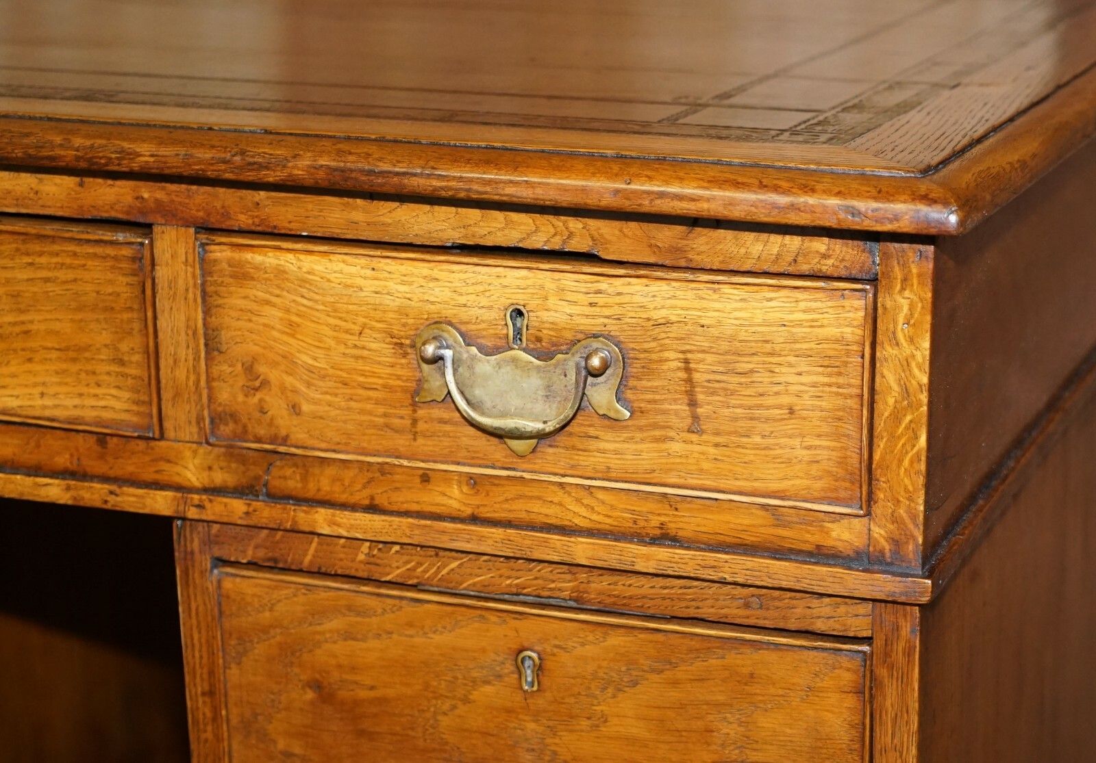 photo for sale Stunning Restored Circa 1800 Georgian Oak & Brown Leather Partners Pedestal Desk