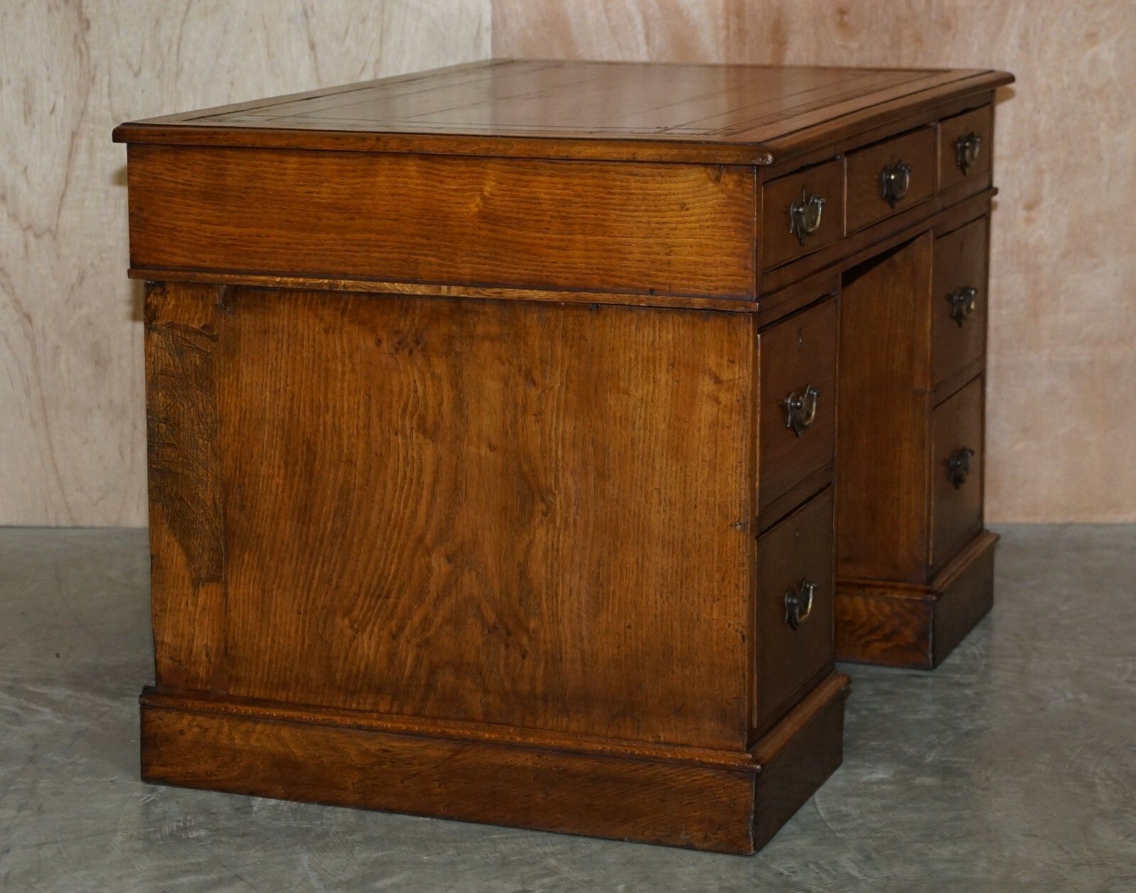 4750.0 Stunning Restored Circa 1800 Georgian Oak & Brown Leather Partners Pedestal Desk photo