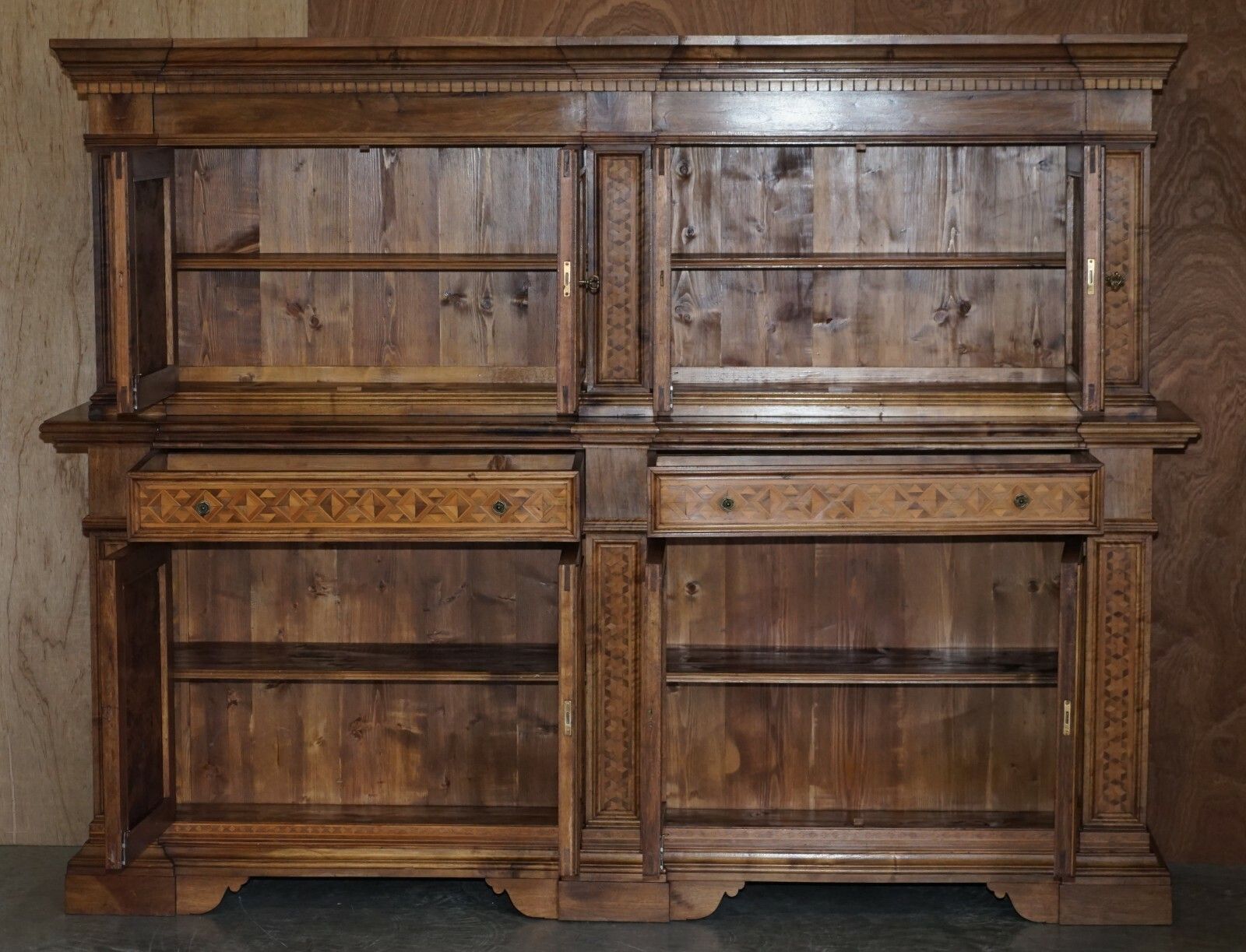 photo furniture Italian Burr Pippy Oak Panelled Large Geometric Marquetry Housekeepers Cupboard
