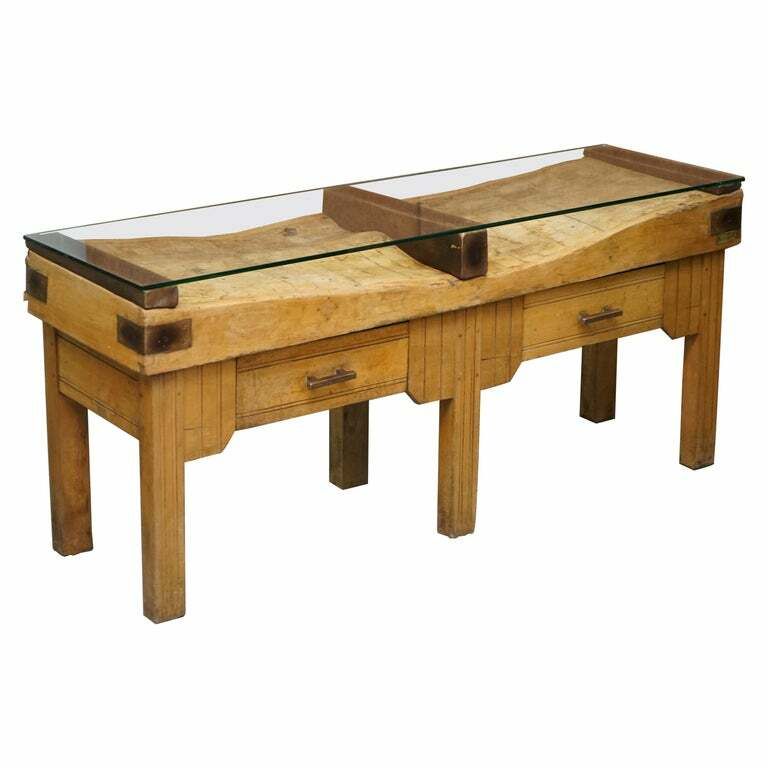Restored Circa 1920's Hennes France Butchers Table Bronzed Mounts Glass Top