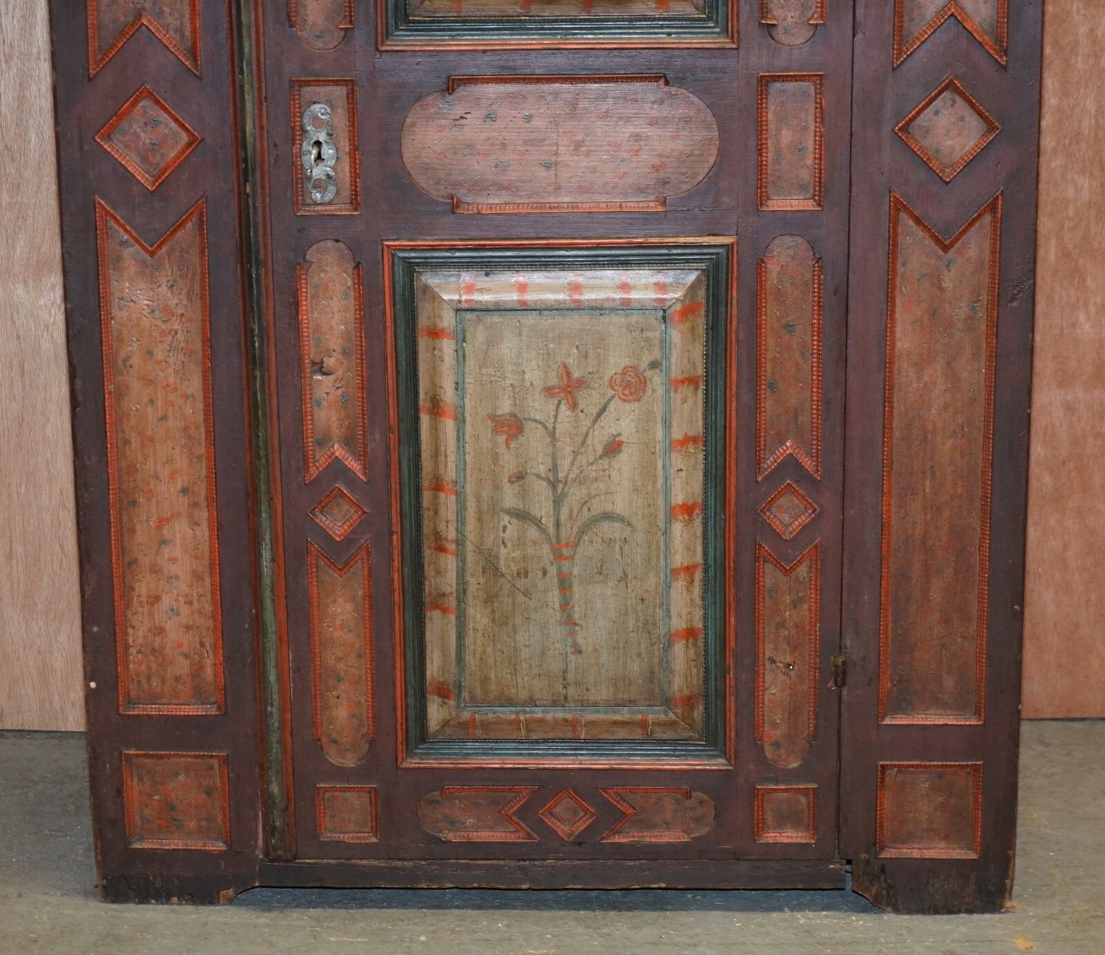 Circa 1800 Sumlime Hand Painted European Wardrobe Or Hall Cupboard In Oak Wood photo for sale