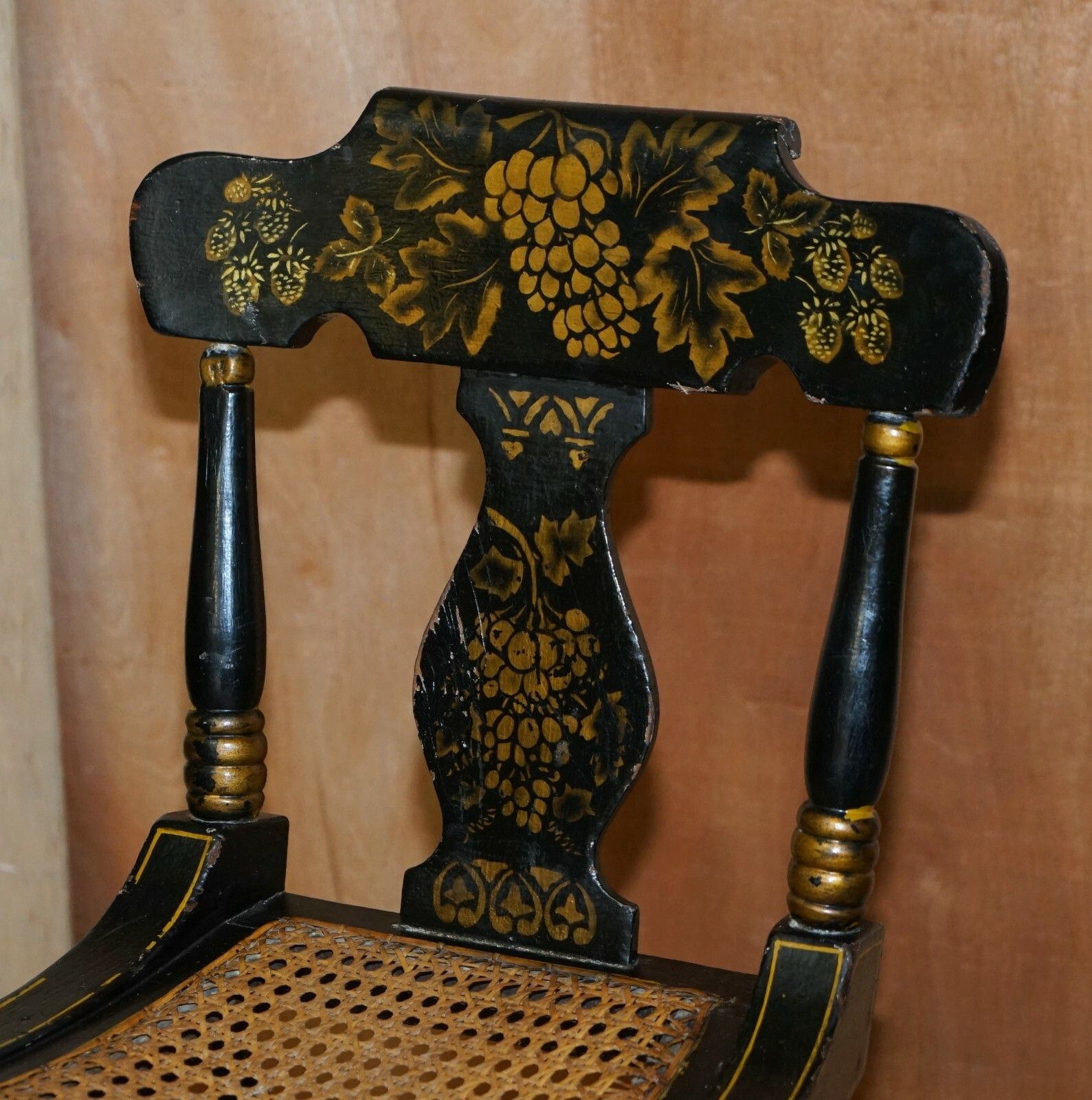 Pair Of Circa 1825 Georgian Baltimore Ebonised Painted Gilt Bergere Side Chairs photo 4500.0