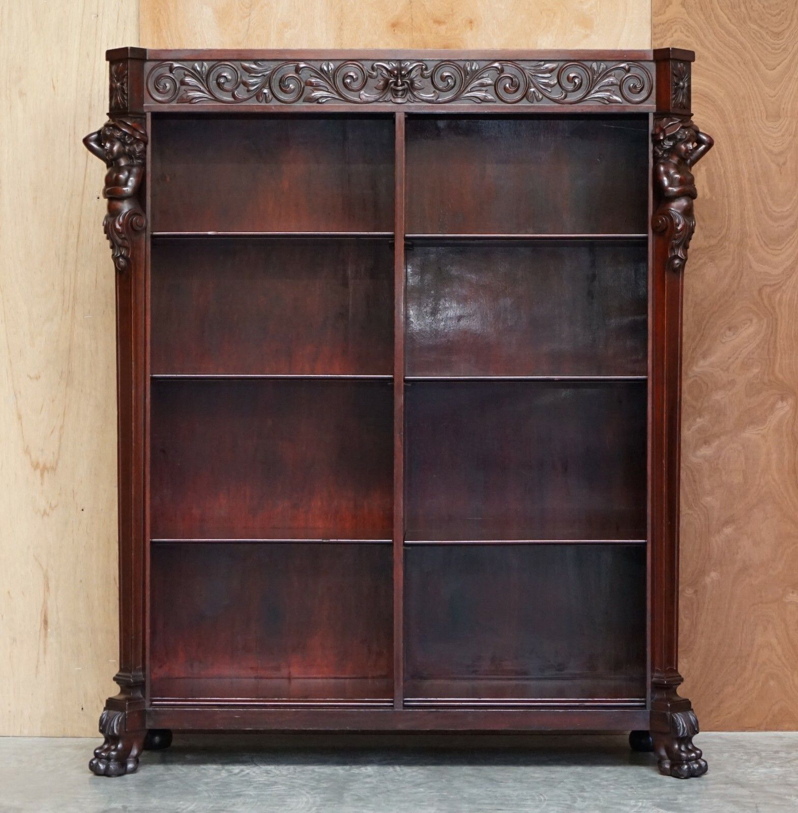 Lovely Circa 1900 Hand Carved Library Bookcase In Mahogany With Herm Statues photo furniture