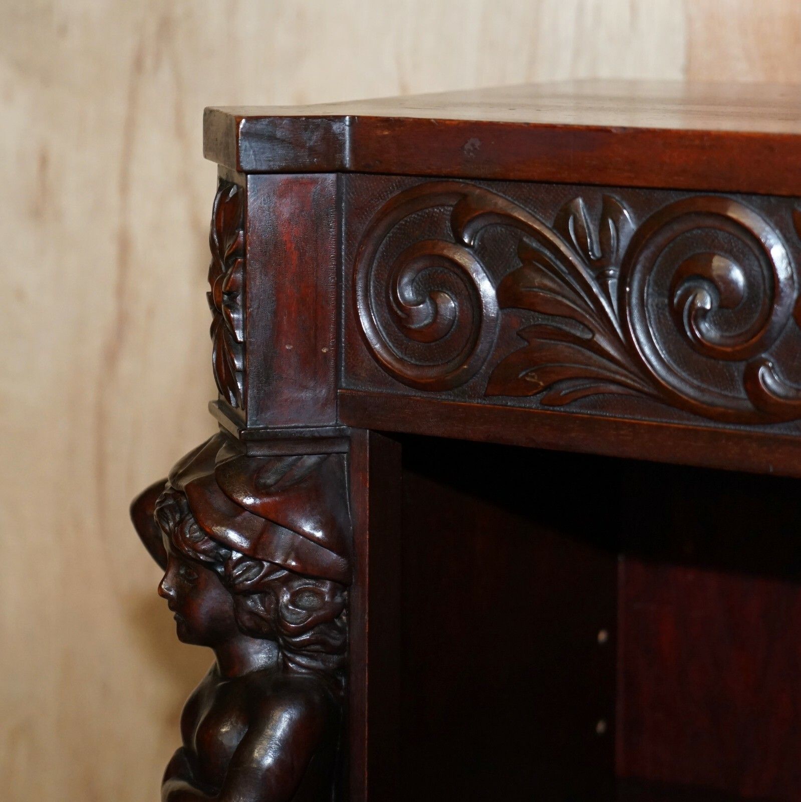 Lovely Circa 1900 Hand Carved Library Bookcase In Mahogany With Herm Statues photo buy