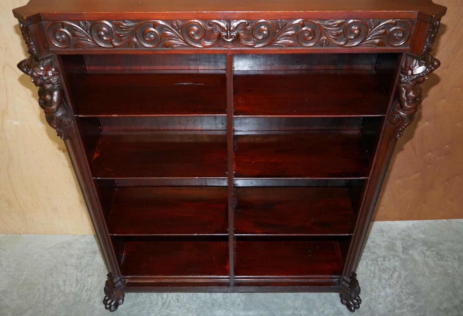 Furniture Lovely Circa 1900 Hand Carved Library Bookcase In Mahogany With Herm Statues photo