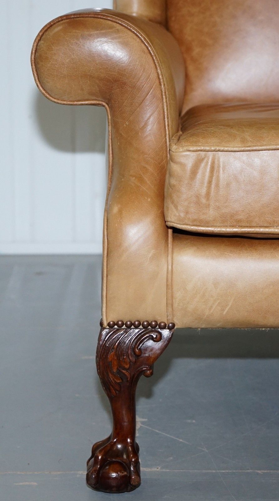 Pair Of Victorian Walnut Claw & Ball Feet Aged Heritage Brown Leather Armchairs photo Furniture