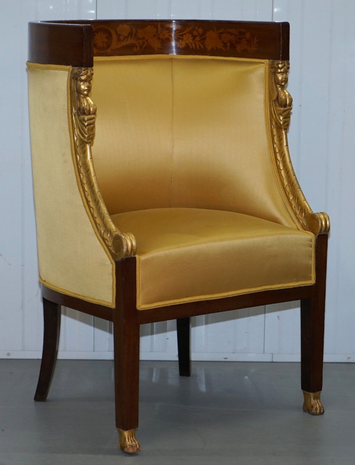 1870 French Empire Marquetry Inlaid Suite Pair Bergere Armchairs & Settee Canape photo for sale