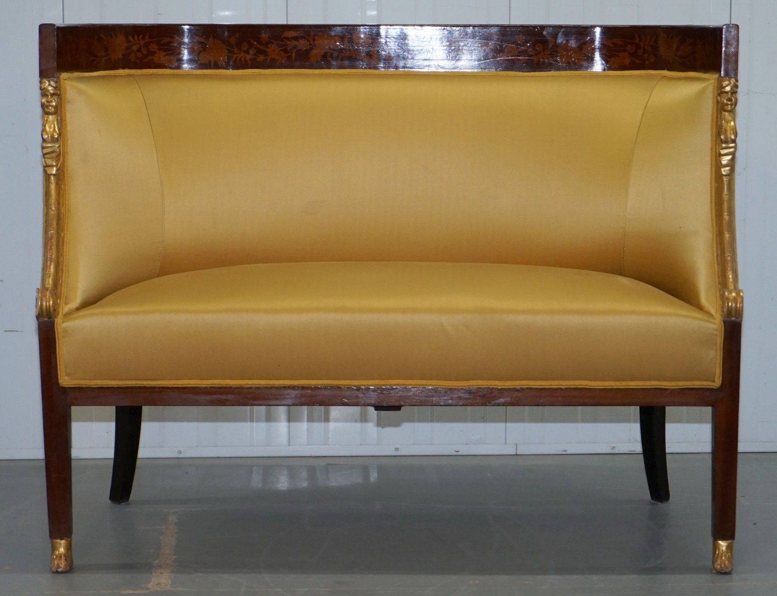 photo for sale 1870 French Empire Marquetry Inlaid Suite Pair Bergere Armchairs & Settee Canape