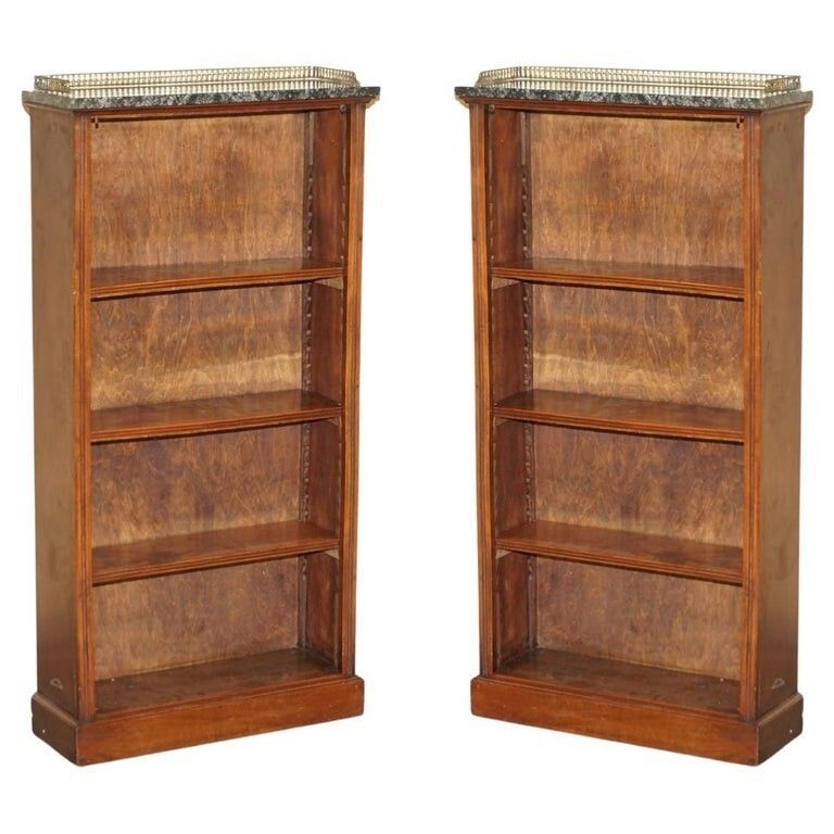 Pair Of Fine Antique Regency Mahogany Brass Gallery & Marble Dwarf Bookcases