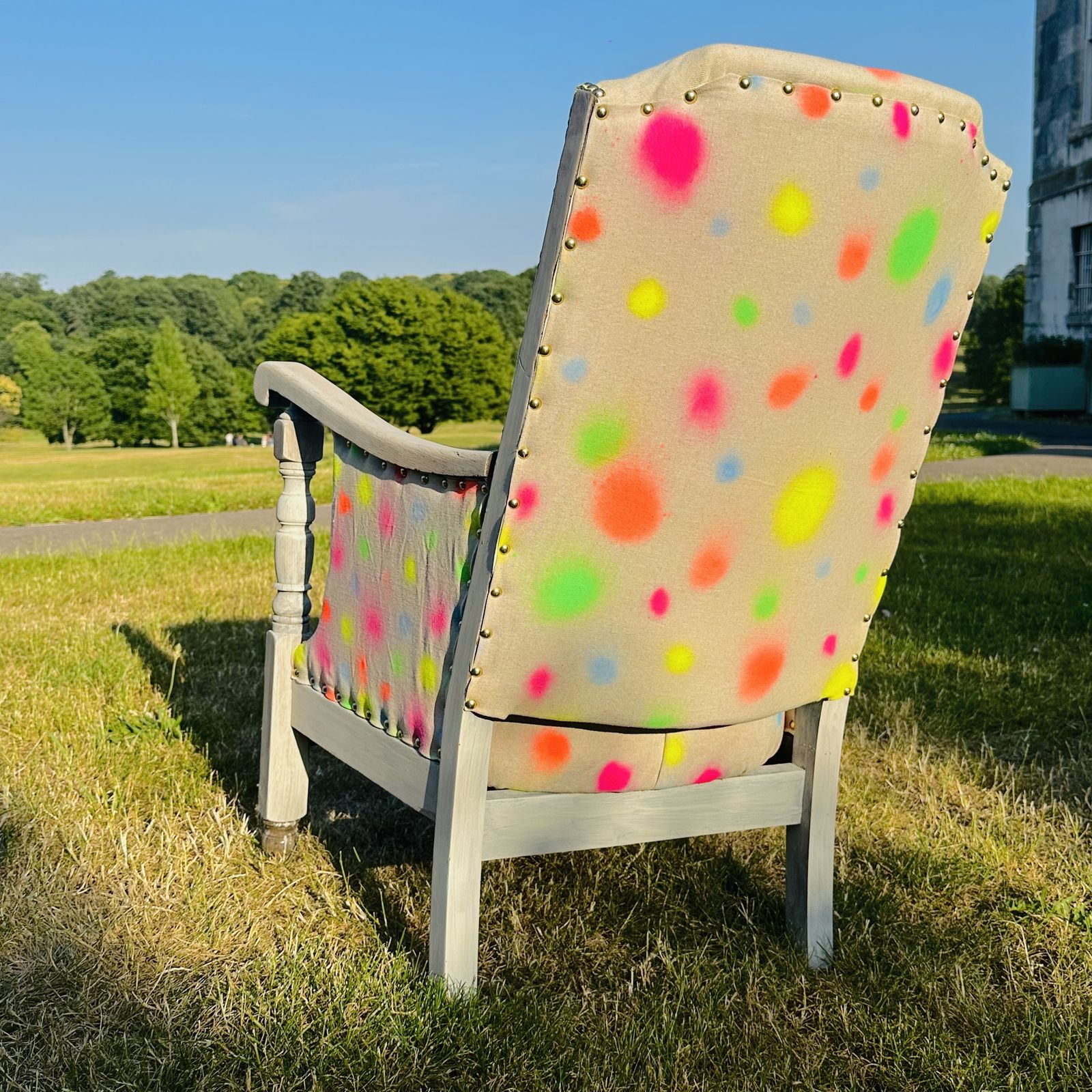 Upholstered & Upcycled Vintage 1950s Armchair In Sustainable Linen Print photo Furniture