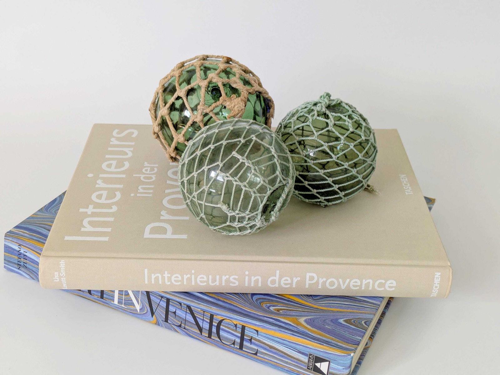 Antique French Fishing Floats, Set Of 3 Netted Green Glass Floats, Coastal Nautical Decor