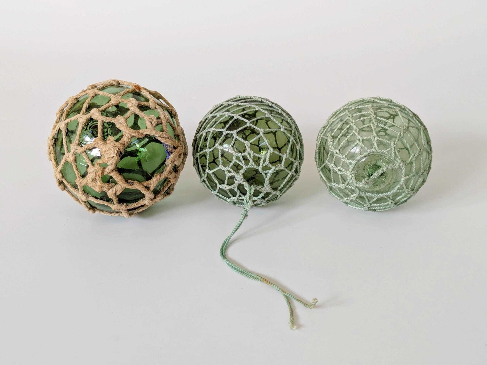 Antique French Fishing Floats, Set Of 3 Netted Green Glass Floats, Coastal Nautical Decor photo furniture