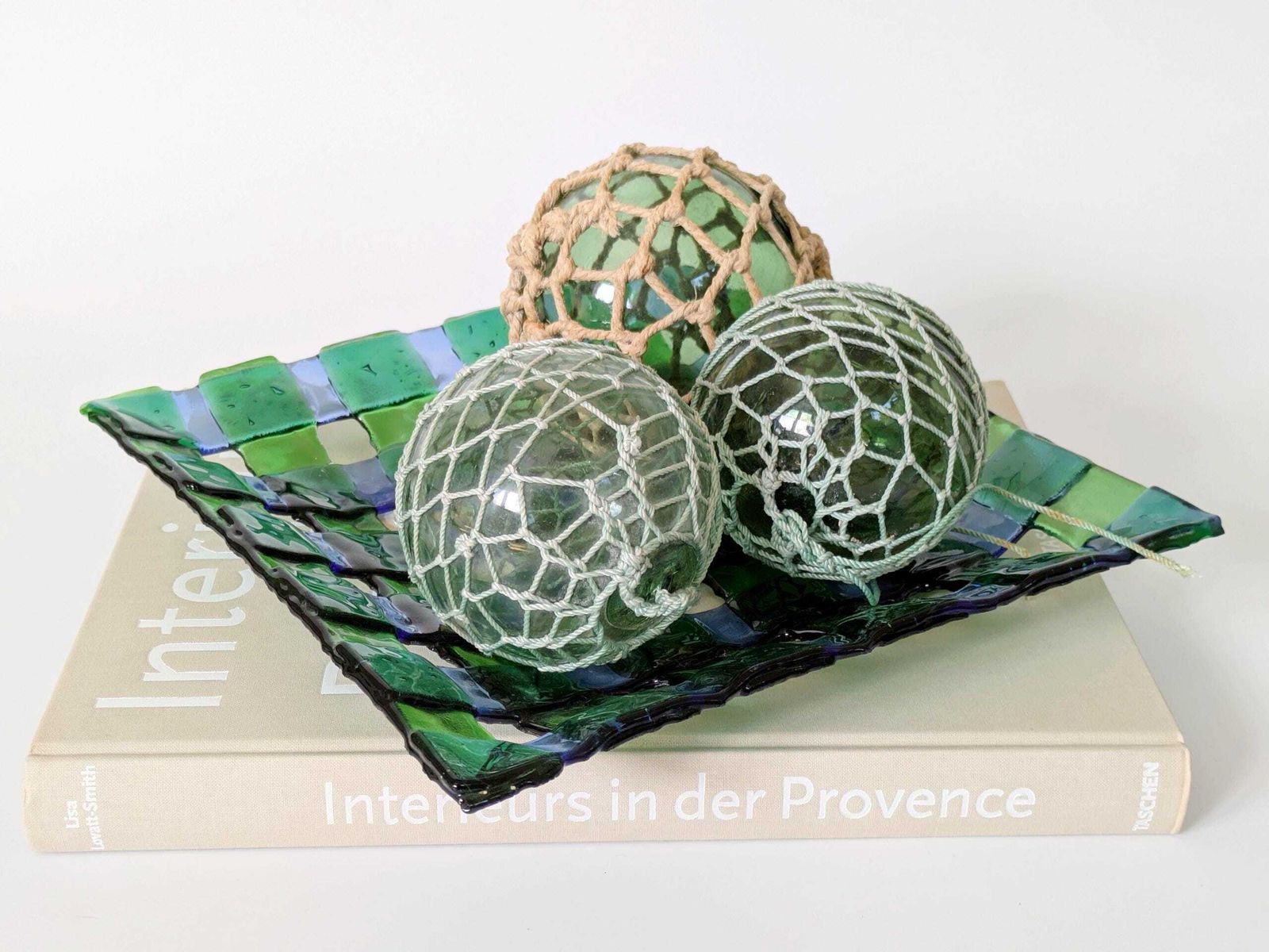 Antique French Fishing Floats, Set Of 3 Netted Green Glass Floats, Coastal Nautical Decor photo for sale