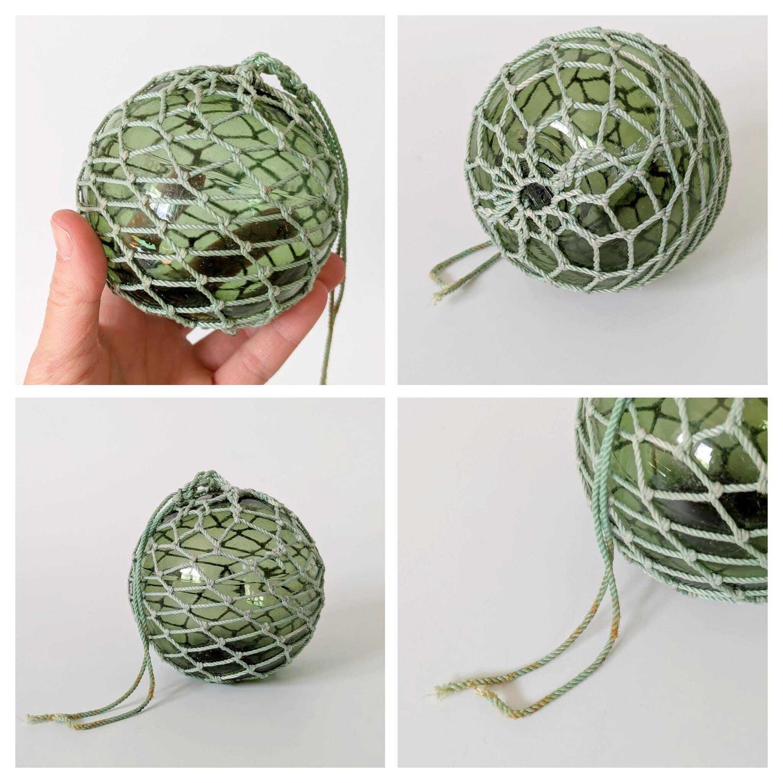 Antique French Fishing Floats, Set Of 3 Netted Green Glass Floats, Coastal Nautical Decor photo buy
