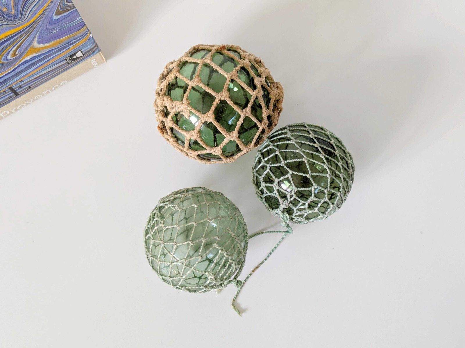 photo for sale Antique French Fishing Floats, Set Of 3 Netted Green Glass Floats, Coastal Nautical Decor