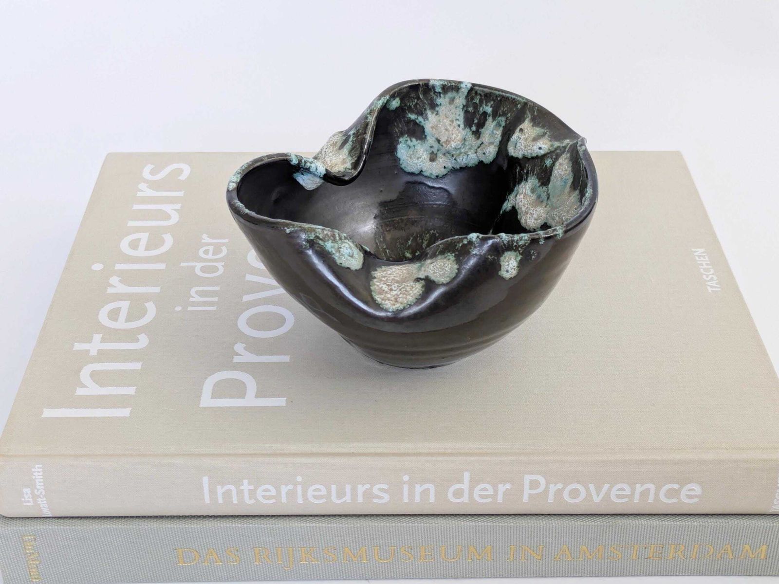 Vintage Vallauris Style Bowl, French Midcentury Pottery, Fat Lava Glaze, Anthracite And Seafoam Green photo furniture