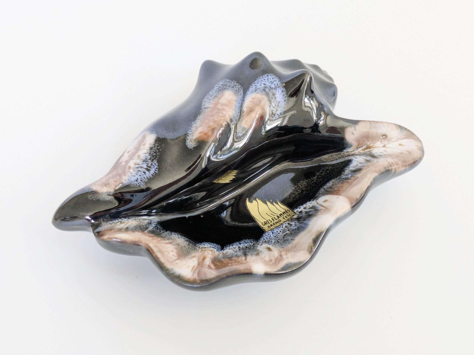 1960s Vallauris Style Seashell Dish, French Pottery, Fat Lava Glaze, Black And Blue
