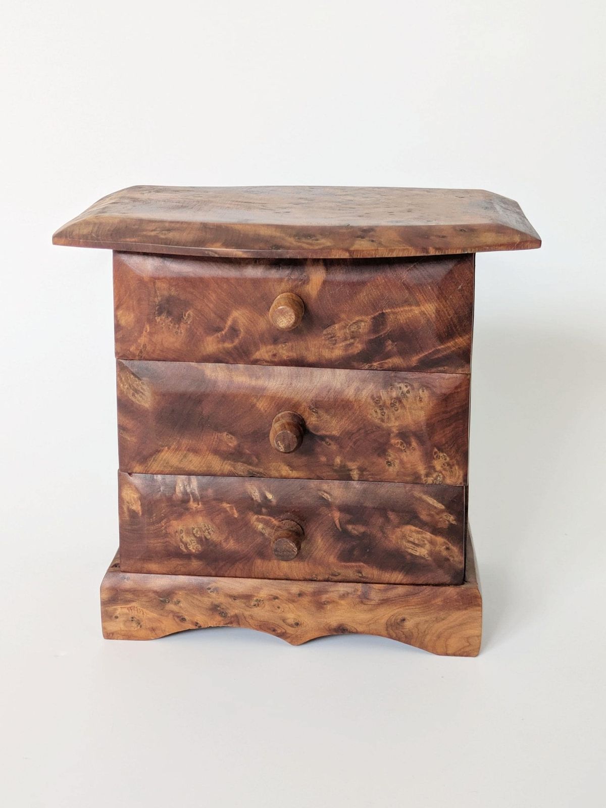 Midcentury Burl Wood Jewelry Box, Handmade Mini Chest Of Drawers, Amber Tone Wooden Trinket Box, 1960s photo Furniture