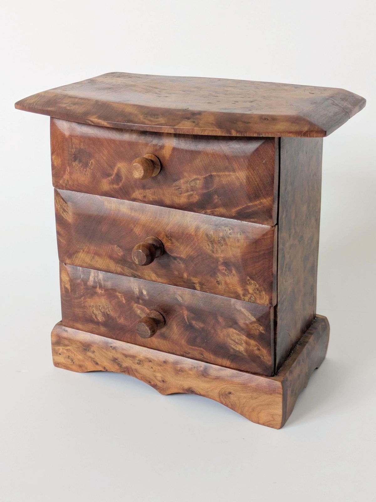 Midcentury Burl Wood Jewelry Box, Handmade Mini Chest Of Drawers, Amber Tone Wooden Trinket Box, 1960s photo vinterior