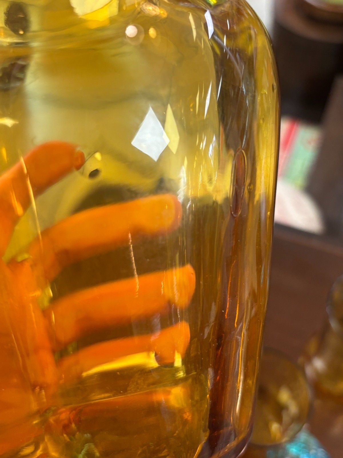photo vinterior Vintage George Sand Amber Pitcher & 5 Glasses With Uranium Glass Handles A/F