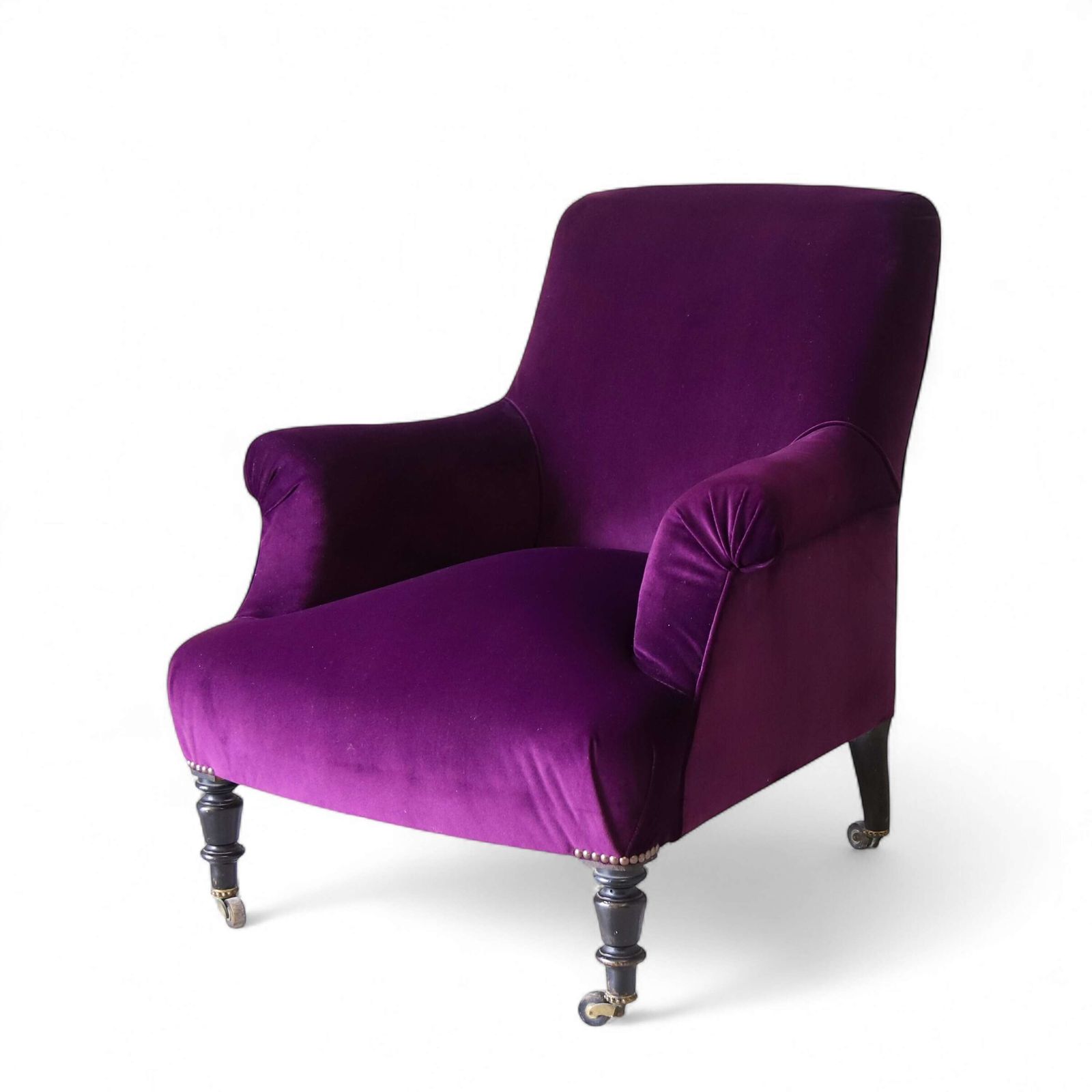 Antique Napoleon III Armchair Recovered In Designers Guild Purple Velvet