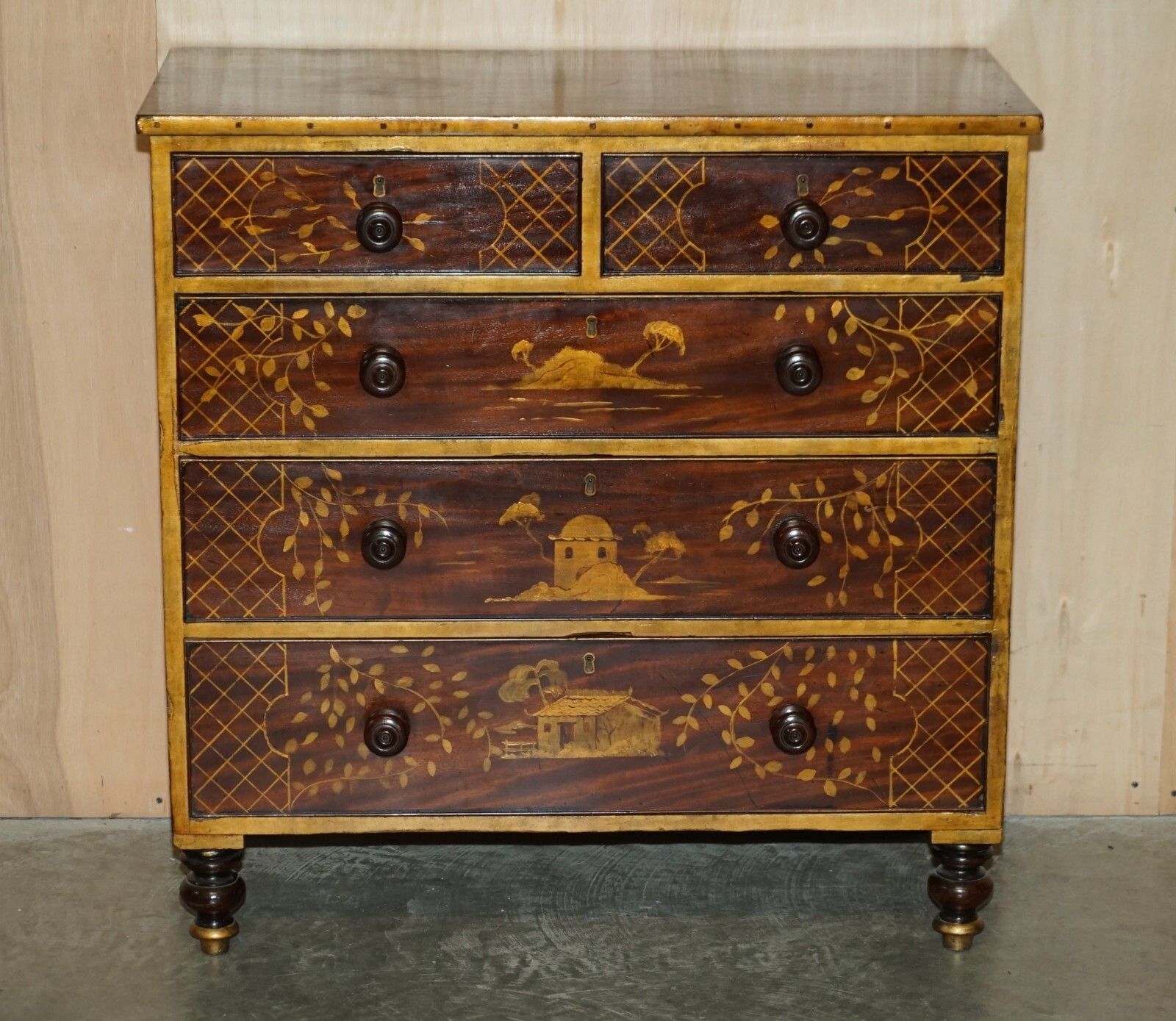 Sublime Antique Victorian 1860 Chinese Chinoiserie Painted Chest Of Drawers photo for sale