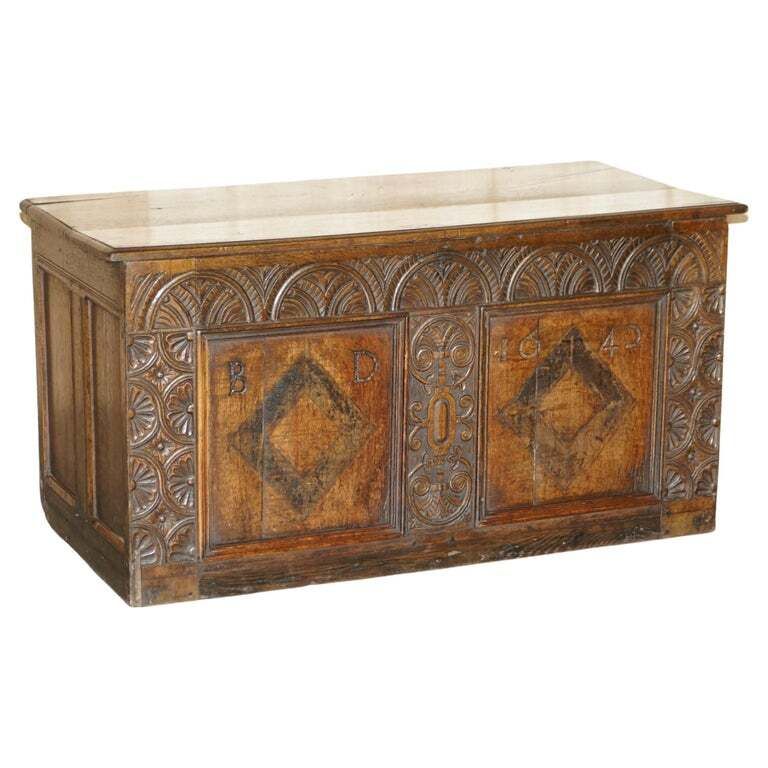 1642 Dated Charles I / Jacobean Hand Carved English Oak Coffer Linen Chest Trunk