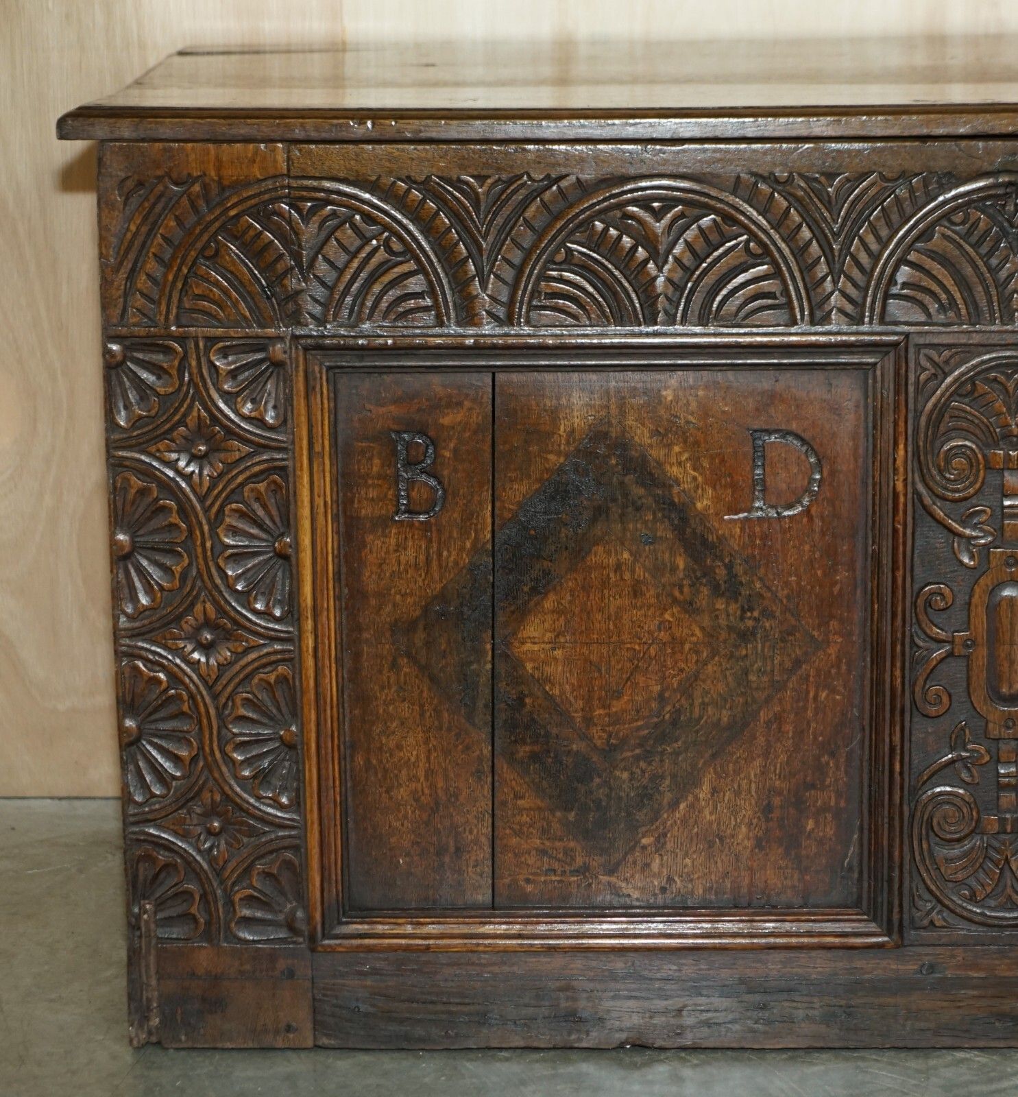 1642 Dated Charles I / Jacobean Hand Carved English Oak Coffer Linen Chest Trunk photo for sale