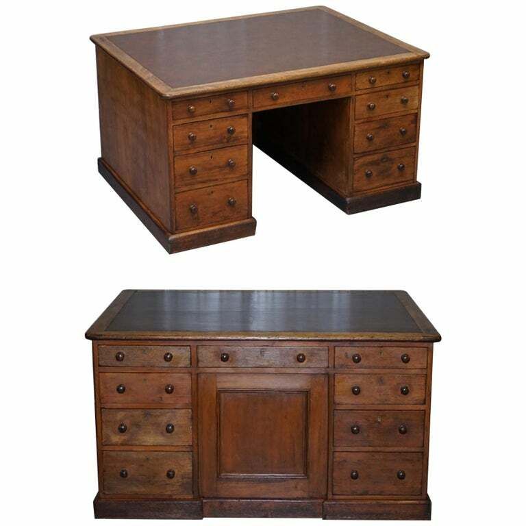 Antique English Victorian Double Sided Oak Twin Pedestal 18 Drawer Kneehole Desk