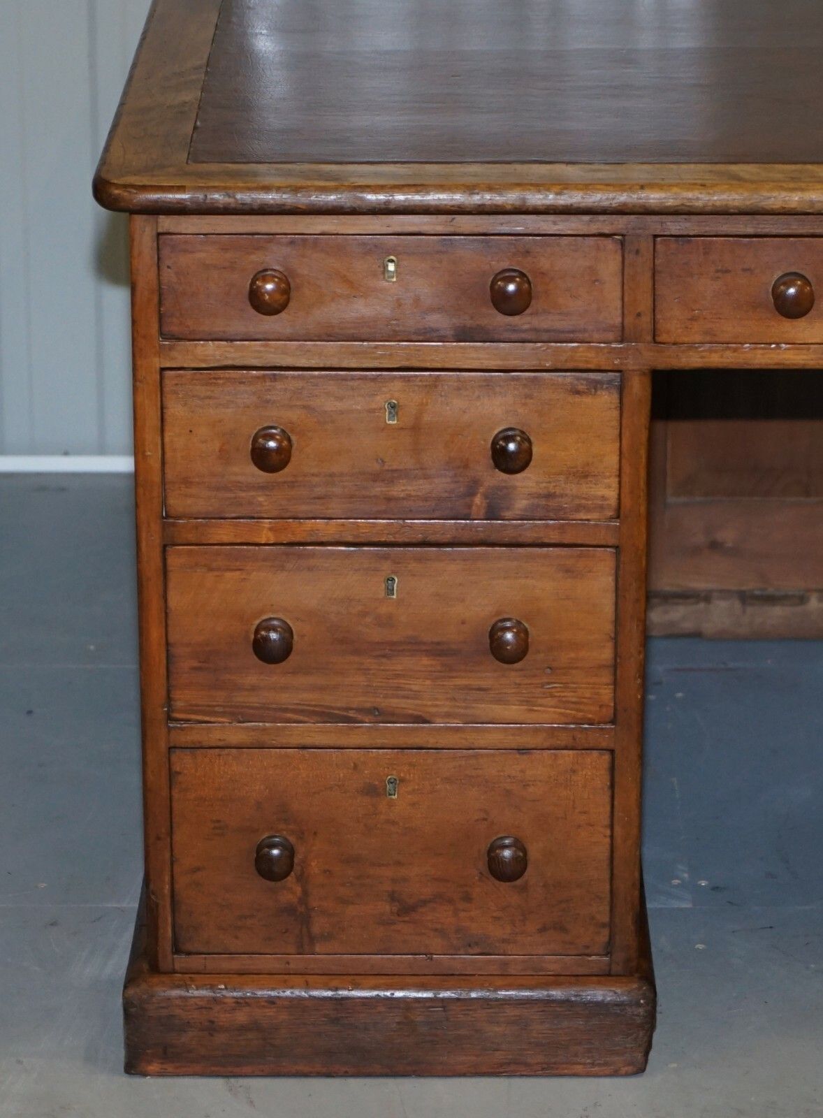 Antique English Victorian Double Sided Oak Twin Pedestal 18 Drawer Kneehole Desk photo Furniture