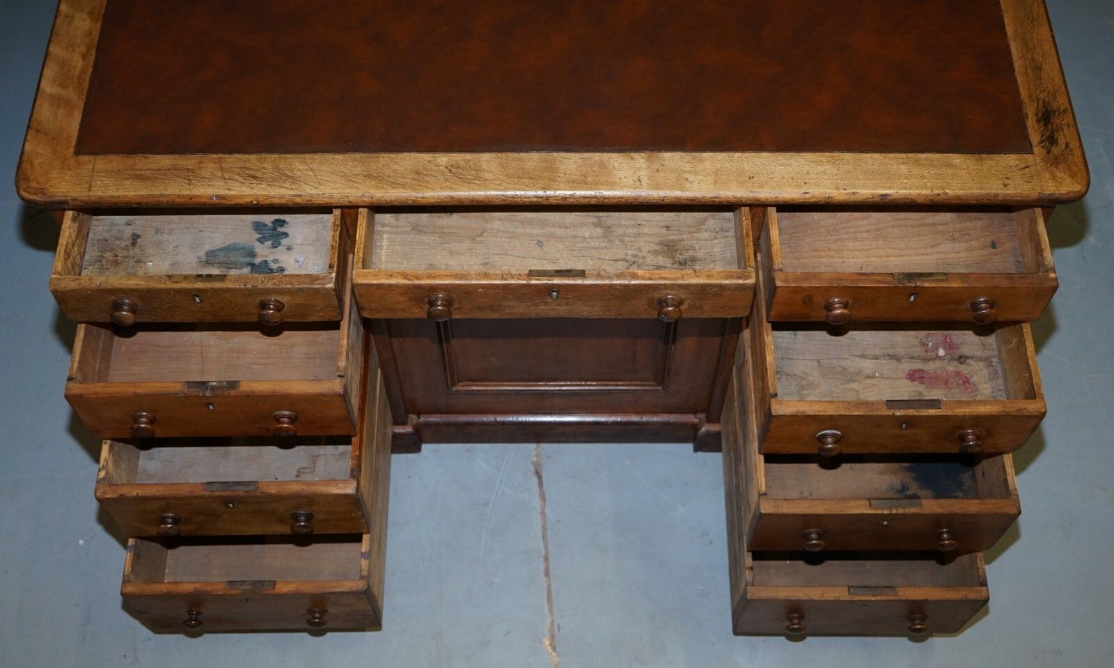 Furniture Antique English Victorian Double Sided Oak Twin Pedestal 18 Drawer Kneehole Desk photo