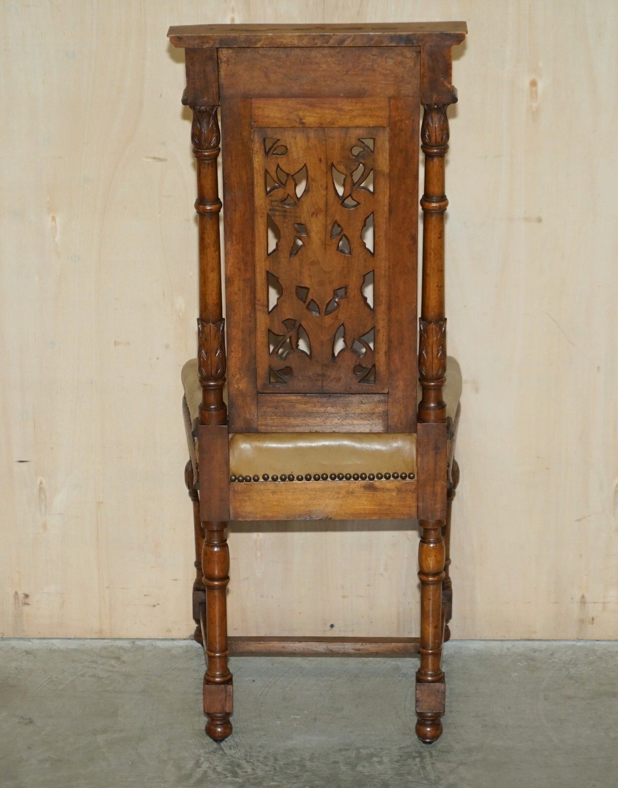 Six Antique Hand Carved Walnut Brown Leather Gothic Revival Dining Chairs 6 photo buy