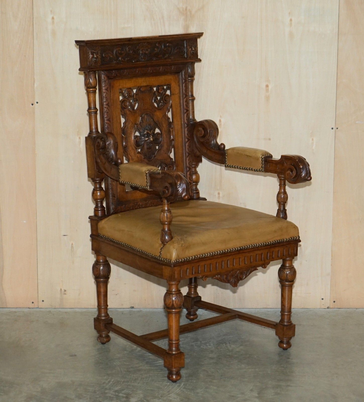 photo furniture Six Antique Hand Carved Walnut Brown Leather Gothic Revival Dining Chairs 6