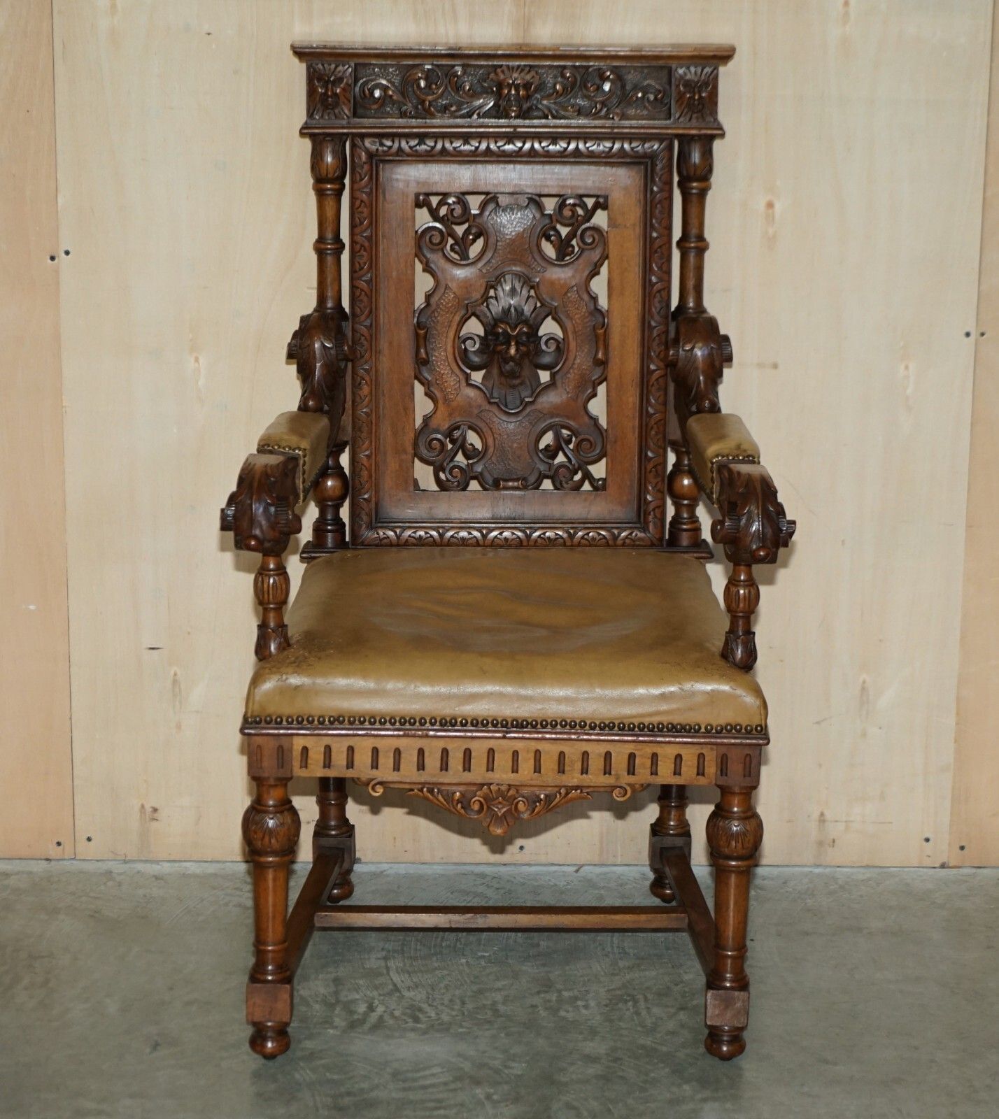 photo for sale Six Antique Hand Carved Walnut Brown Leather Gothic Revival Dining Chairs 6