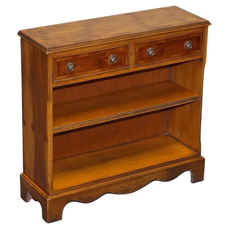Elegant Vintage Yew Wood Low Dwarf Bookcase With Two Storage Drawers