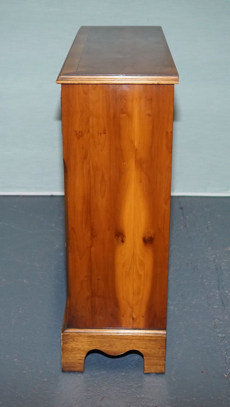 950.0 Elegant Vintage Yew Wood Low Dwarf Bookcase With Two Storage Drawers photo