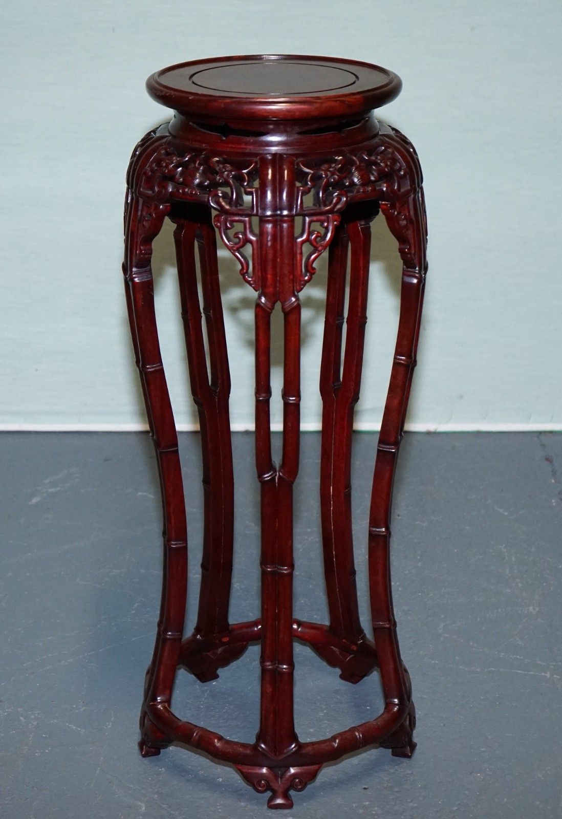 Vintage Chinese Carved Hardwood Plant Pedestal Bamboo Motif Shanghai Trademark photo for sale