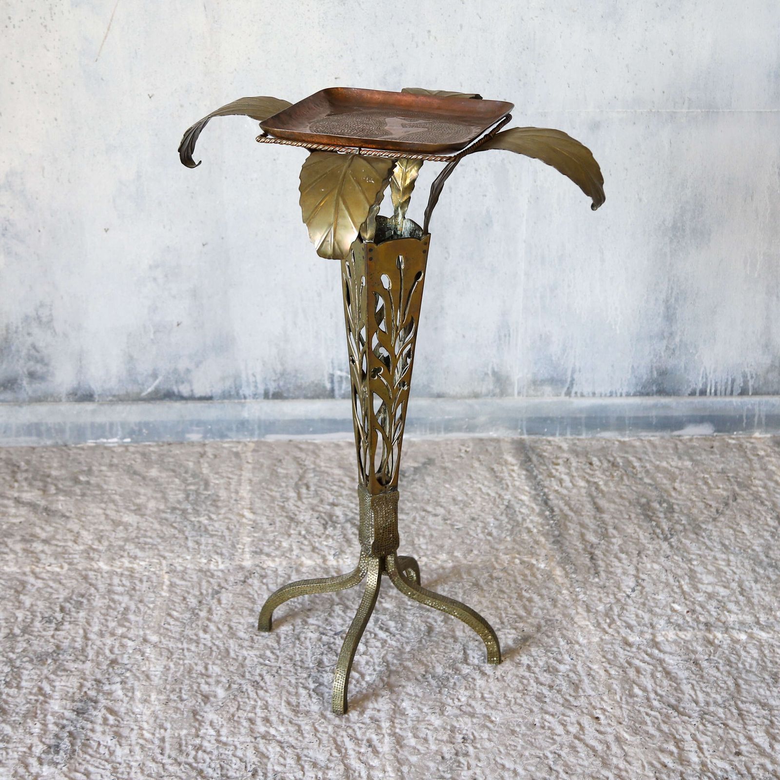 Italian 1920s Decorative Art Nouveau Brass Side Table With Engraved Copper Tray photo furniture
