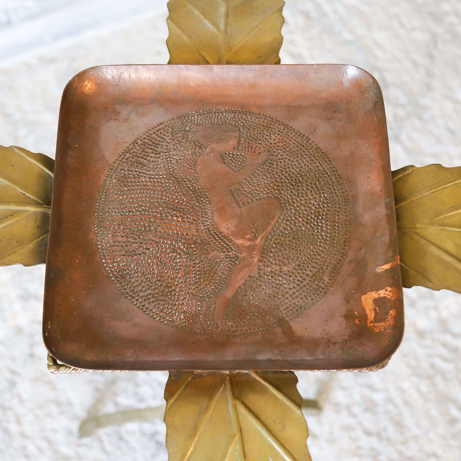 Italian 1920s Decorative Art Nouveau Brass Side Table With Engraved Copper Tray photo vinterior