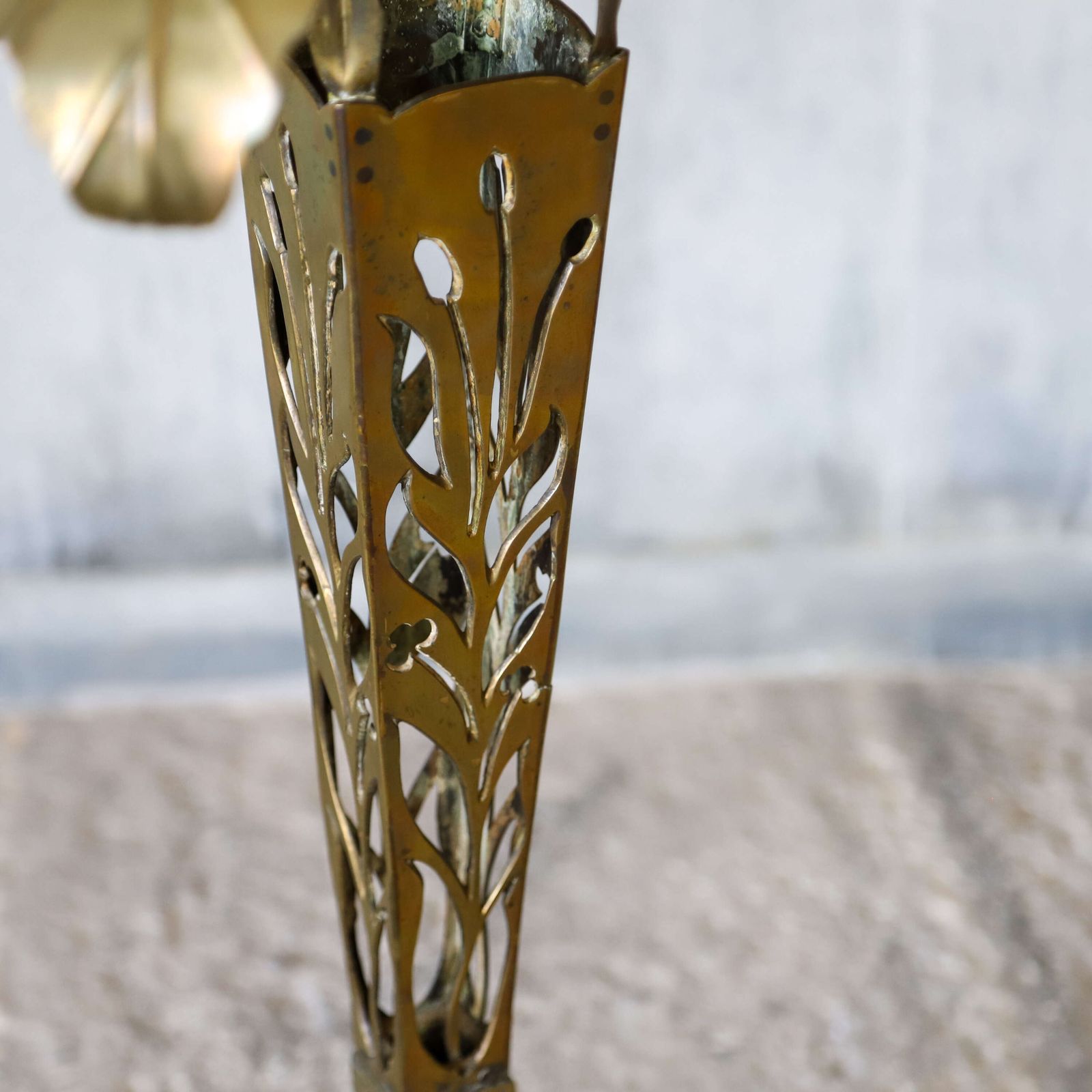 Furniture Italian 1920s Decorative Art Nouveau Brass Side Table With Engraved Copper Tray photo
