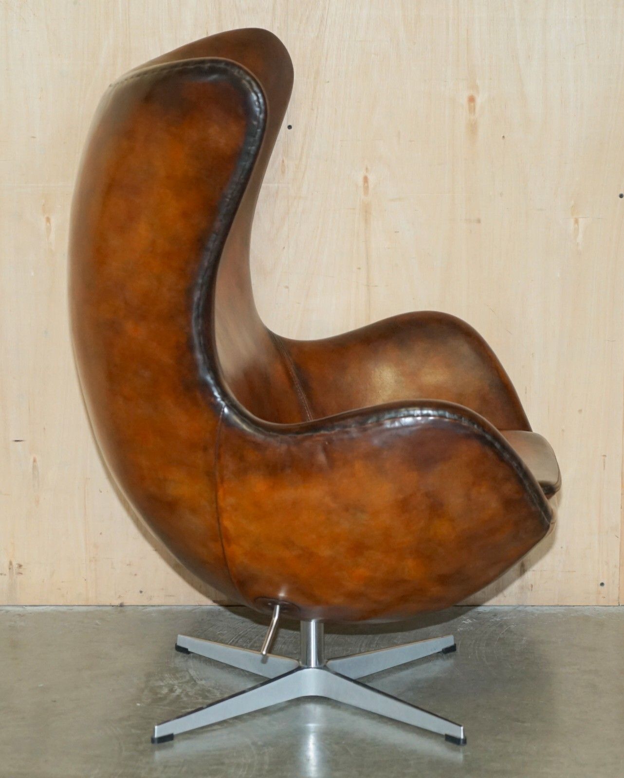 photo buy Vintage Fully Restored Fritz Hansen Style Egg Chair Whisky Brown Leather