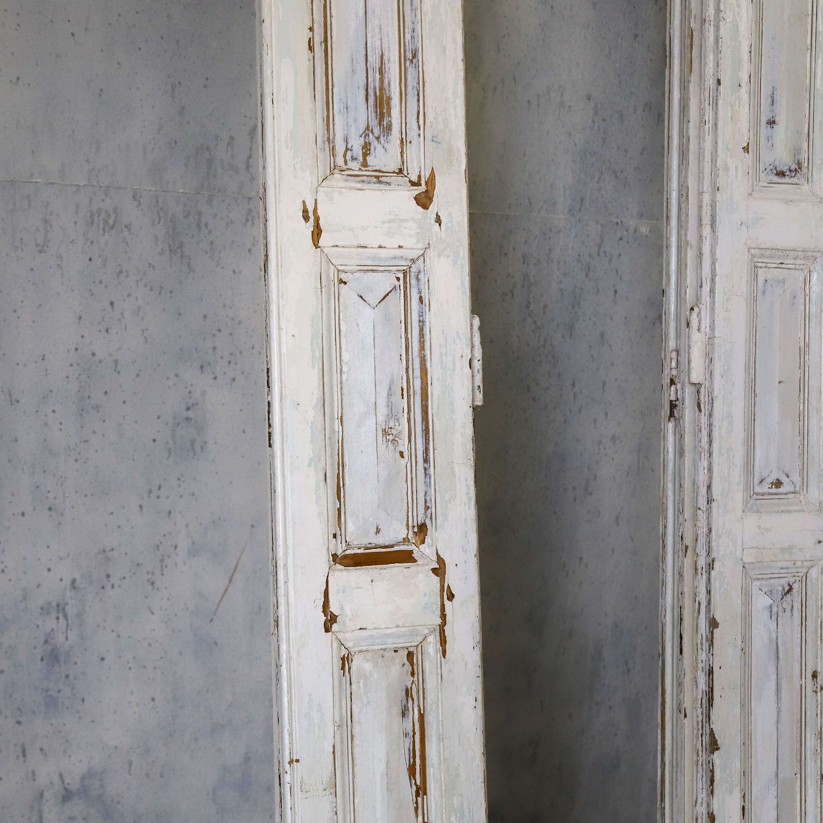 Pair Of Antique Panelled Tri Folding Shutters In Original Cream Paint photo Home Fixtures
