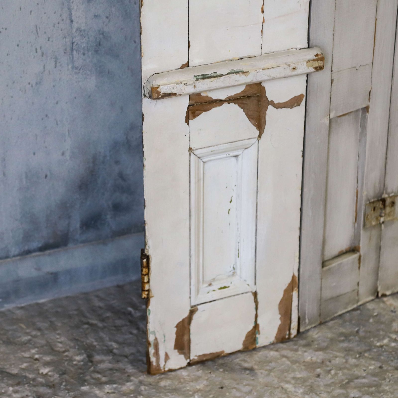 Pair Of Antique Panelled Tri Folding Shutters In Original Cream Paint photo buy