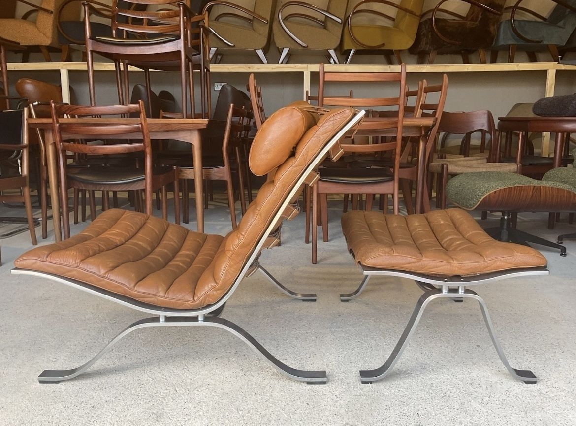 Arne Norell Leather And Chrome Ari Lounge Chair And Ottoman Mid Century photo vinterior