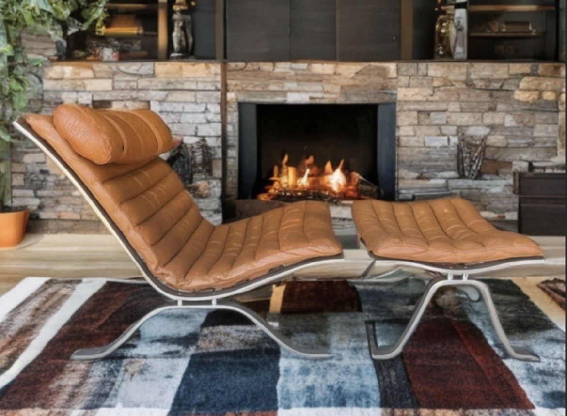 photo for sale Arne Norell Leather And Chrome Ari Lounge Chair And Ottoman Mid Century